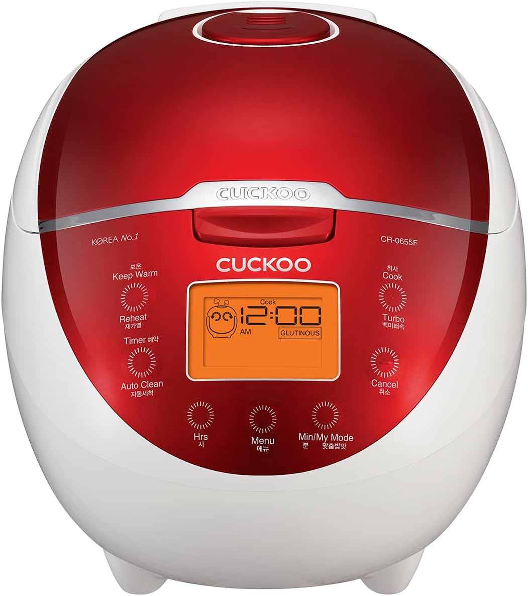 Cuckoo Micom Rice Cooker & Warmer, 6 cups, LCD-Display 11-Menu Options, Turbo, Mixed, and Brown/GABA, Porridge, Steam MultiCook, My Mode, 16-Various Cooking Methods, Red/White