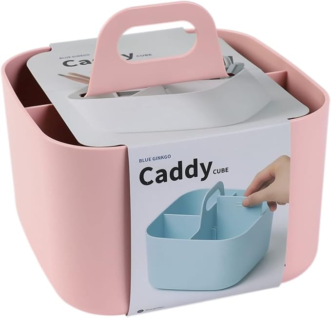 BLUE GINKGO Stackable Organizer Caddy – Korean-Made Portable Tote for Bathroom, Office, Crafts, or School Supplies (Square, Pink)