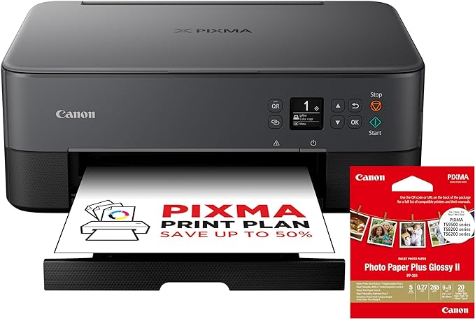 Canon PIXMA TS5350i Wireless Colour 3-in-One Inkjet Printer, Photo Paper Bundle (Black) - Compatible with PIXMA Print Plan; includes PP-201 Glossy II Photo Paper Plus, 20 sheets