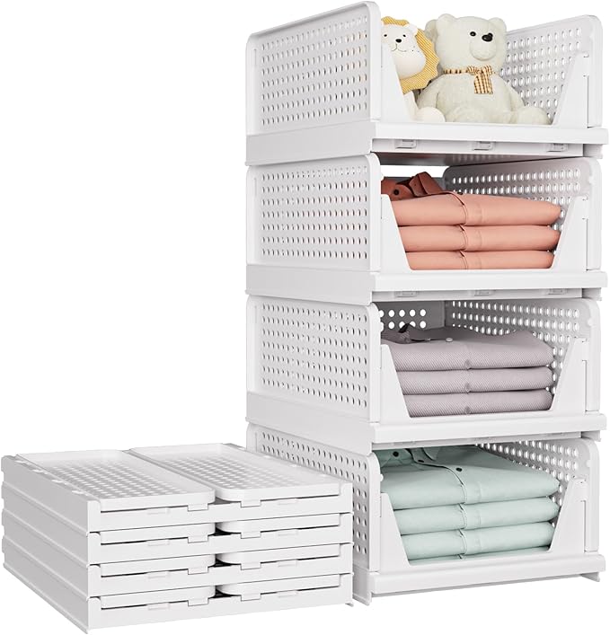 SNSLXH 5 Pack Wardrobe Storage Organiser, Stackable & Foldable Closet Organisers for Bedroom Bathroom Laundry Room Wardrobe Storage, Space-Saving Clothes Storage Drawer Organiser Basket, White