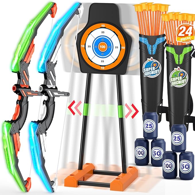 HYES Toy Archery Bow and Arrow for Kids, Archery Set with LED Light, Moving Standing Target, Suction Cup Arrows, Score Targets, Quiver, Indoor Outdoor Gifts for Boys Girls