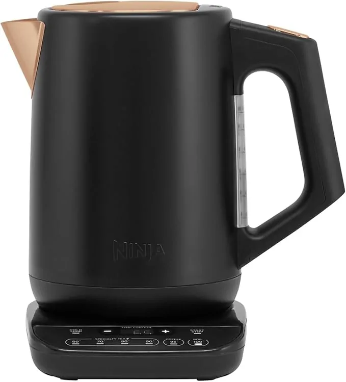 Ninja Perfect Temperature Kettle, 1.7L, with Temperature Control, LED Display, Easy to Use Kettle with Rapid Boil and Temperature Hold, Black & Copper, KT200UKCP