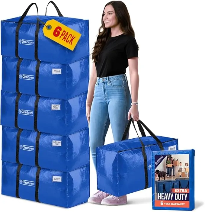 ClearSpace Heavy Duty Moving Boxes or Storage Bags – Storage Bins with Lids, Large Moving Bags with Backpack Straps & Handles – Moving Supplies for College Dorm or Christmas Decorations, 6 Pack