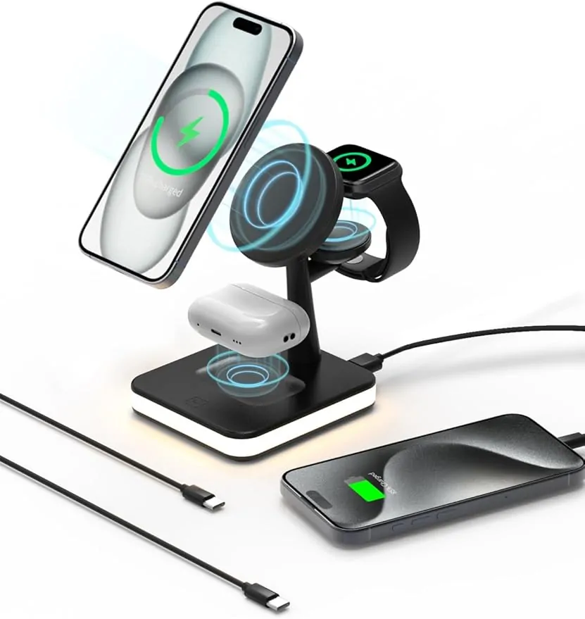 GLILAVOX 4 in 1 Wireless Charging Station with Light and 1 port usb for Apple,Magnetic Wireless Charger Stand for iPhone 16/15/14/13/12,Apple Watch Series 10/9/8/7/Ultra 2/SE 2,Air-Pods 4/3/2(Black)