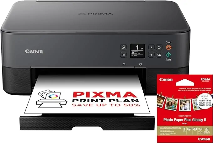 Canon PIXMA TS5350i Wireless Colour 3-in-One Inkjet Printer, Photo Paper Bundle (Black) - Compatible with PIXMA Print Plan; includes PP-201 Glossy II Photo Paper Plus, 20 sheets