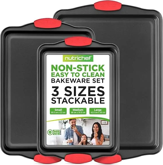 NutriChef 3-Piece Nonstick Kitchen Oven Baking Pans - Premium & Stylish Non-Stick Steel, Commercial Grade Restaurant Quality Metal Bakeware with Red Silicone Handles - Easy to Clean